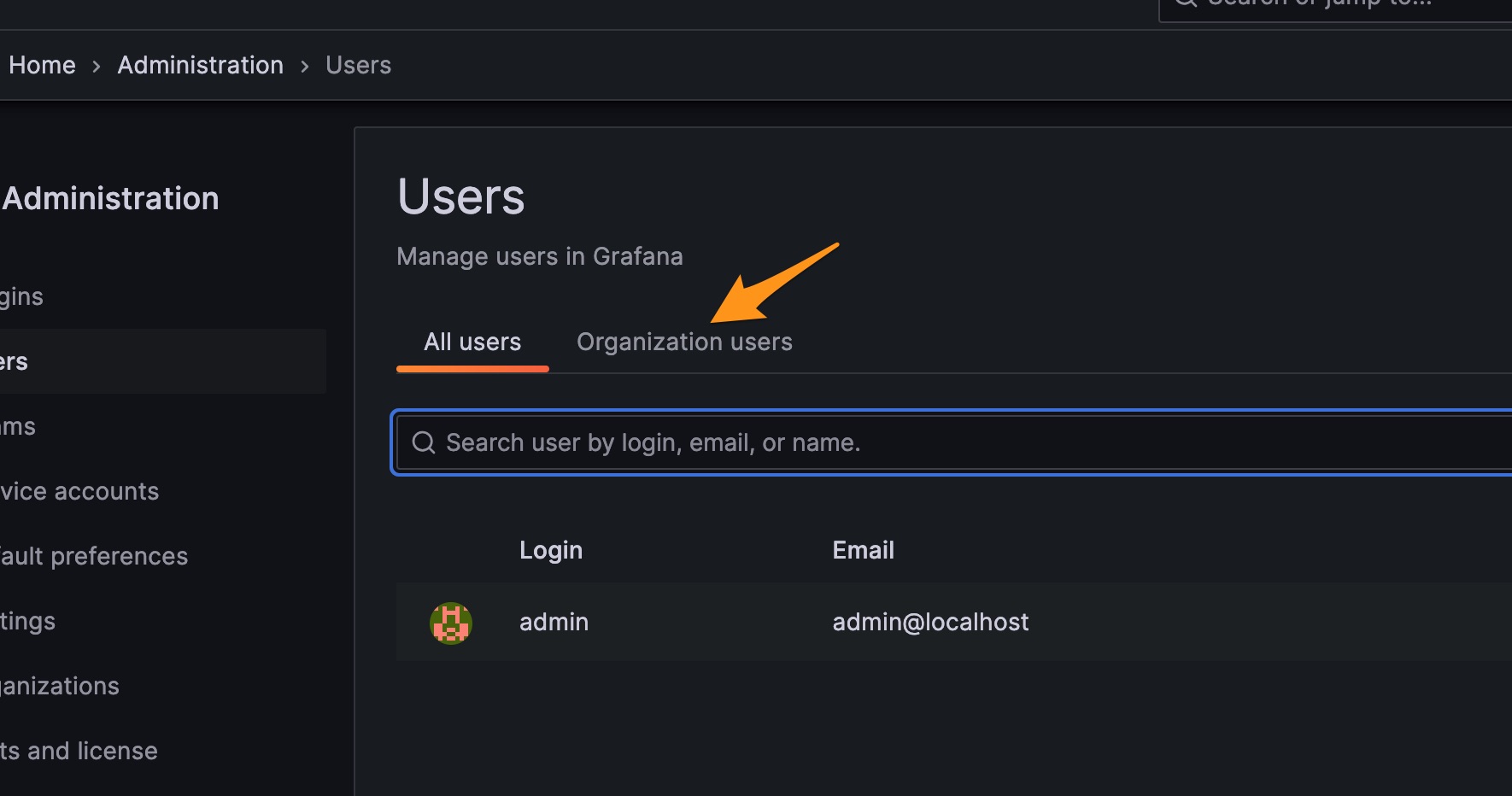 Select the “Organization users” tab